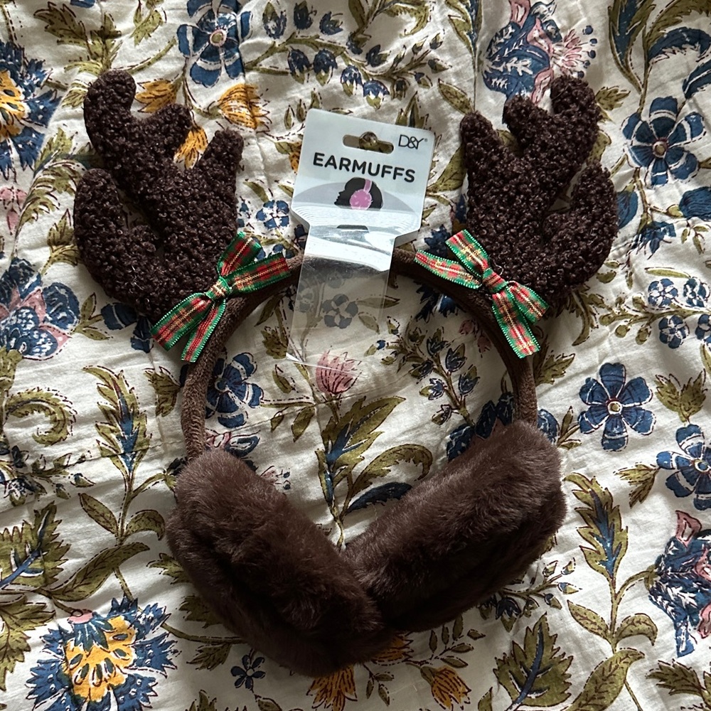 D&Y Brown Reindeer Earmuffs with Antlers and Bows